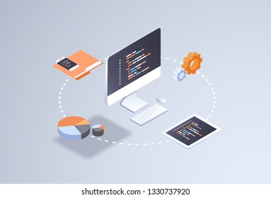 software web site design development concept programming language program code big data processing on computer screen 3d isometric coding technologies flat horizontal vector illustration