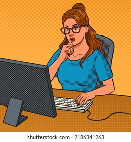 Software woman developer developer at work pop art retro vector illustration. Comic book style imitation.