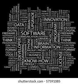 SOFTWARE. Word collage on black background. Illustration with different association terms.