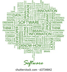 SOFTWARE. Word collage on white background. Illustration with different association terms.