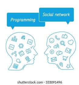 Software workers and icons on background. Head of cartoon IT specialist in profile. Digital tools employees for connection. Brain characters programmer vs. marketer social media. Banner for app. 