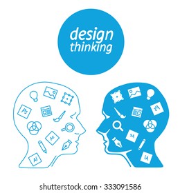 Software workers and icons on background. Head of cartoon IT specialist in profile. Digital tools employees for connection. Brain characters business man vs. UX designer. Banner for app. 