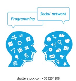 Software workers and icons on background. Head of cartoon IT specialist in profile. Digital tools employees for connection. Brain characters programmer vs. marketer social media. Banner for app. 