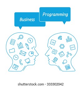 Software workers and icons on background. Head of cartoon IT specialist in profile. Digital tools employees for connection. Brain characters business man vs. programmer. Banner for app. 