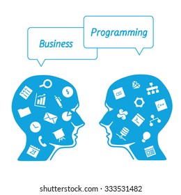 Software workers and icons on background. Head of cartoon IT specialist in profile. Digital tools employees for connection. Brain characters business man vs. programmer. Banner for app. 