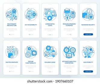 Software-as-service advantages onboarding mobile app page screen with concepts set. Updates, functionality walkthrough 5 steps graphic instructions. UI vector template with RGB color illustrations