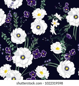 Softy blomming white florals mix with many kind of garden flowers ,Vector seamless pattern on drak navy blue background.