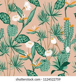 Softy  Pastel Mood Seamless Pattern Vector Tropical ,flower,bird Of Paradise And Cactus Forest ,hand Drawing Style For Fashion,fabric And All Prints On Light Pink Background.