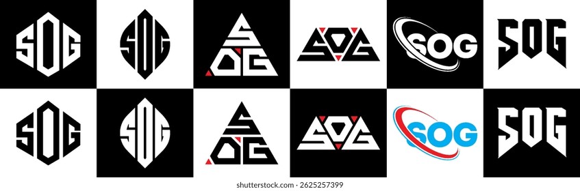 SOG letter logo design in six style. SOG polygon, circle, triangle, hexagon, flat and simple style with black and white color variation letter logo set in one artboard. SOG minimalist and classic logo