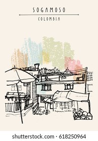 Sogamoso, Colombia, South America. Street market, local store, food shop. Hand drawn vintage postcard, poster, booklet or book illustration in vector