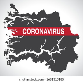 Sogn og Fjordane NORWAY county map with Coronavirus warning illustration