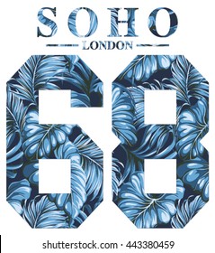Soho London vintage artwork for woman shirt with tropical leaves background