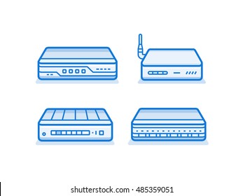 Soho network router icon set. Network equipment for small business. Data network hardware series vector illustration