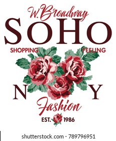 Soho New York Shopping Feeling Fashion Roses, Vintage Vector Print For Woman Girl Shirt