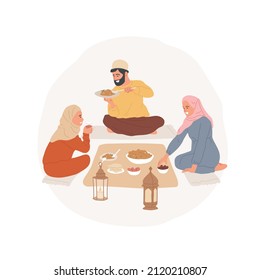 Sohour abstract concept vector illustration. Islamic family having iftar meal, Sohor celebration together, honoring old cultural traditions, religious festivals, holy days abstract metaphor.