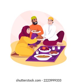 Ilustración vectorial de dibujos animados aislados de Sohour. Familia islámica con comida iftar, celebración Sohor juntos, honrando viejas tradiciones culturales, festivales religiosos, dibujos vectoriales de días sagrados.