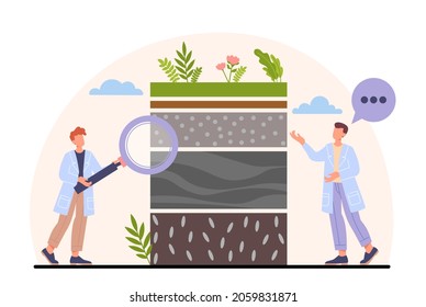 Soil analysis concept. Man with magnifying glass identifies type of liquid. Professors study material. Ecology, biology, pollution. Cartoon flat vector illustration isolated on white background