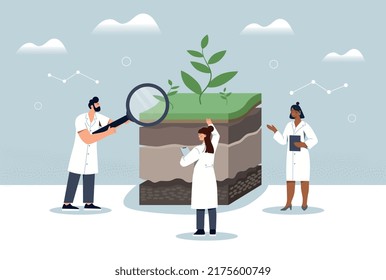Soil analysis concept. Men and girls in medical gowns with magnifying glass looking at ground. Botany and soil science, bioengineering and chemistry research. Cartoon flat vector illustration