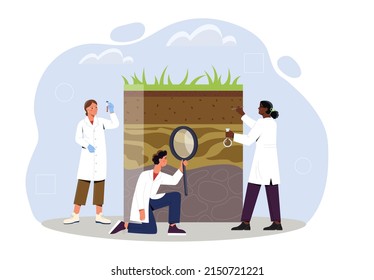 Soil analysis and earth pollution abstract concept. Geologists study composition of microorganisms and nutrients in layers of ground. Scientists take samples. Cartoon flat vector illustration