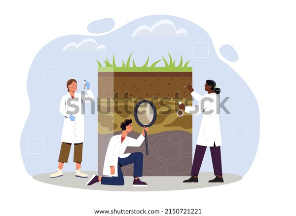 Soil analysis and earth pollution abstract\
concept. Geologists study composition of microorganisms and\
nutrients in layers of ground. Scientists take samples. Cartoon\
flat vector illustration