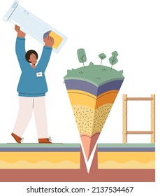 Soil analysis and earth pollution metaphor or structure control. Nutrients microorganism composition research ground layer structure sample. Soil laboratory test. Scientist measuring levels status
