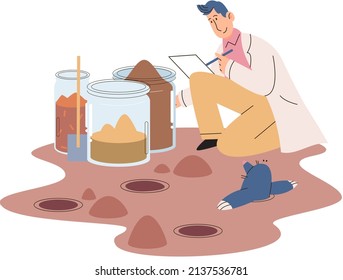 Soil analysis and earth pollution metaphor or structure control. Nutrients microorganism composition research ground layer structure sample. Soil laboratory test. Scientist measuring levels status
