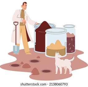 Soil analysis and earth pollution metaphor or structure control. Nutrients microorganism composition research ground layer structure sample. Soil laboratory test. Scientist measuring levels status