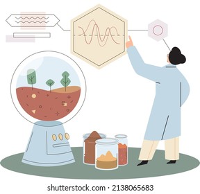 Soil analysis and earth pollution metaphor or structure control. Nutrients microorganism composition research ground layer structure sample. Soil laboratory test. Scientist measuring levels status