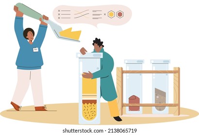 Soil analysis and earth pollution metaphor or structure control. Nutrients microorganism composition research ground layer structure sample. Soil laboratory test. Scientist measuring levels status
