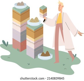 Soil analysis and earth pollution metaphor or structure control. Nutrients microorganism composition research ground layer structure sample. Soil laboratory test. Scientist measuring levels status