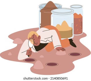Análisis del suelo y control de metáforas o estructuras de contaminación de la tierra. Muestra de la estructura de la capa subterránea de la composición del microorganismo de nutrientes. Ensayo de laboratorio del suelo. Estado de los niveles de medición científicos