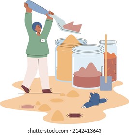 Soil analysis and earth pollution metaphor or structure control. Nutrients microorganism composition research ground layer structure sample. Soil laboratory test. Scientist measuring levels status