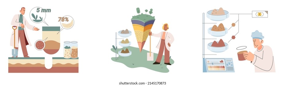 Análisis del suelo y control de metáforas o estructuras de contaminación de la tierra. Muestra de la estructura de la capa subterránea de la composición del microorganismo de nutrientes. Ensayo de laboratorio del suelo. Estado de los niveles de medición científicos