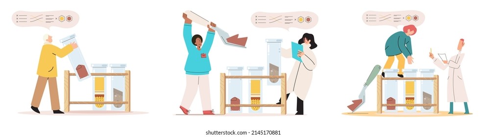 Soil analysis and earth pollution metaphor or structure control. Nutrients microorganism composition research ground layer structure sample. Soil laboratory test. Scientist measuring levels status