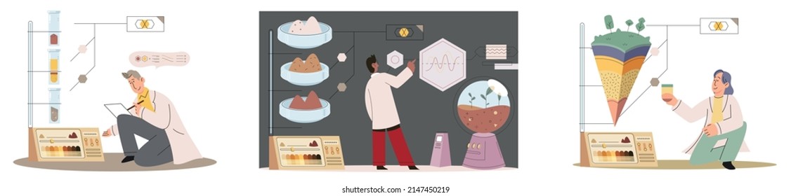 Soil analysis and earth pollution metaphor or structure control. Nutrients microorganism composition research ground layer structure sample. Soil laboratory test. Scientist measuring levels status