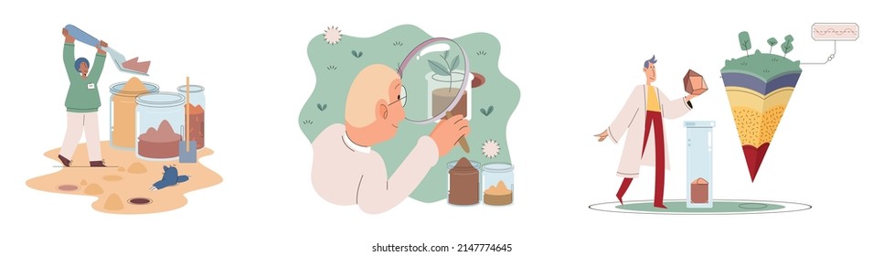 Soil analysis and earth pollution metaphor or structure control. Nutrients microorganism composition research ground layer structure sample. Soil laboratory test. Scientist measuring levels status