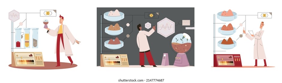 Soil analysis and earth pollution metaphor or structure control. Nutrients microorganism composition research ground layer structure sample. Soil laboratory test. Scientist measuring levels status
