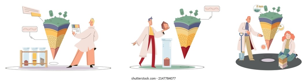 Soil analysis and earth pollution metaphor or structure control. Nutrients microorganism composition research ground layer structure sample. Soil laboratory test. Scientist measuring levels status