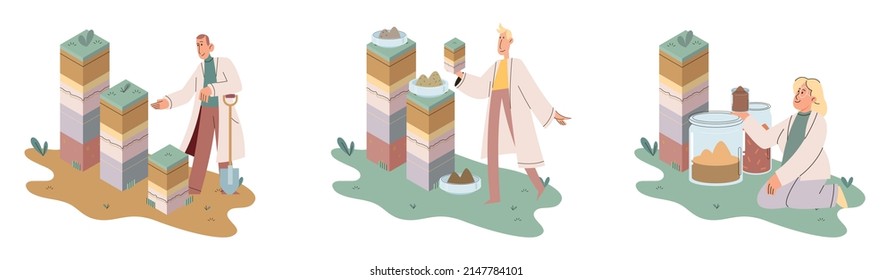 Soil analysis and earth pollution metaphor or structure control. Nutrients microorganism composition research ground layer structure sample. Soil laboratory test. Scientist measuring levels status