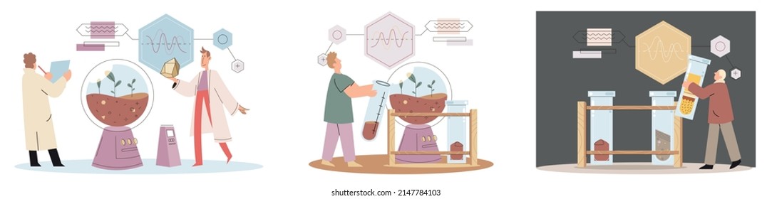 Soil analysis and earth pollution metaphor or structure control. Nutrients microorganism composition research ground layer structure sample. Soil laboratory test. Scientist measuring levels status