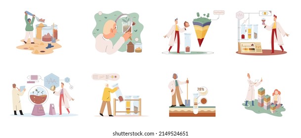 Soil analysis and earth pollution metaphor or structure control. Nutrients microorganism composition research ground layer structure sample. Soil laboratory test. Scientist measuring levels status