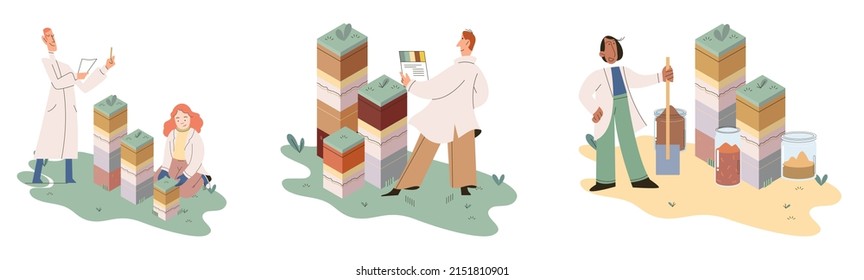 Análisis del suelo y control de metáforas o estructuras de contaminación de la tierra. Muestra de la estructura de la capa subterránea de la composición del microorganismo de nutrientes. Ensayo de laboratorio del suelo. Estado de los niveles de medición científicos
