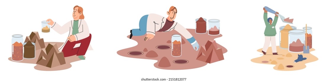 Soil analysis and earth pollution metaphor or structure control. Nutrients microorganism composition research ground layer structure sample. Soil laboratory test. Scientist measuring levels status