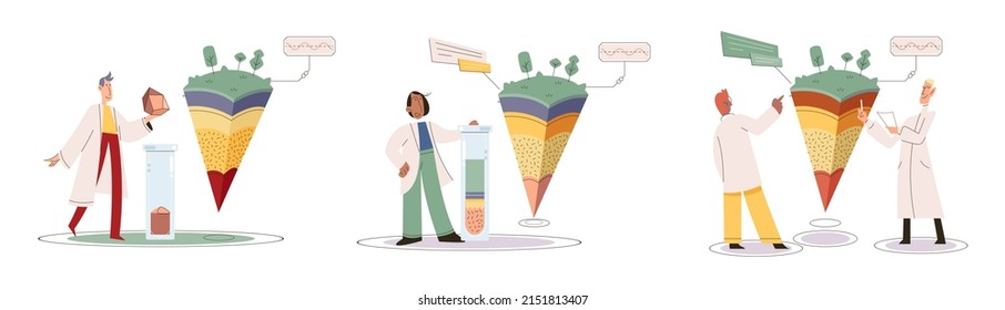 Soil analysis and earth pollution metaphor or structure control. Nutrients microorganism composition research ground layer structure sample. Soil laboratory test. Scientist measuring levels status
