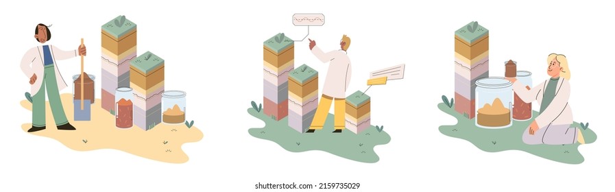 Análisis del suelo y control de metáforas o estructuras de contaminación de la tierra. Muestra de la estructura de la capa subterránea de la composición del microorganismo de nutrientes. Ensayo de laboratorio del suelo. Estado de los niveles de medición científicos