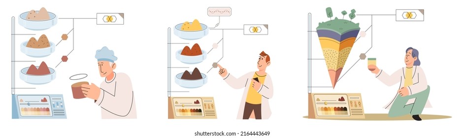 Soil analysis and earth pollution metaphor or structure control. Nutrients microorganism composition research ground layer structure sample. Soil laboratory test. Scientist measuring levels status