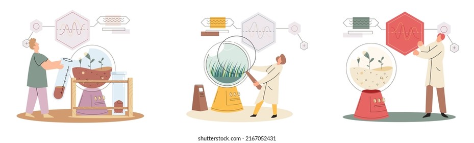 Soil analysis and earth pollution metaphor or structure control. Nutrients microorganism composition research ground layer structure sample. Soil laboratory test. Scientist measuring levels status