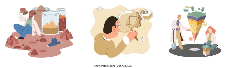 Soil analysis and earth pollution metaphor or structure control. Nutrients microorganism composition research ground layer structure sample. Soil laboratory test. Scientist measuring levels status