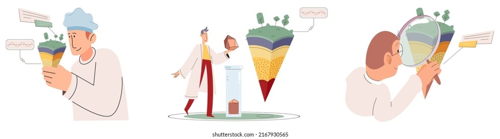 Soil analysis and earth pollution metaphor or structure control. Nutrients microorganism composition research ground layer structure sample. Soil laboratory test. Scientist measuring levels status