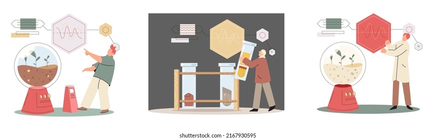 Soil analysis and earth pollution metaphor or structure control. Nutrients microorganism composition research ground layer structure sample. Soil laboratory test. Scientist measuring levels status